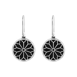 Sterling Silver Whitby Jet Abbey Round Window Drop Earrings, E2107.