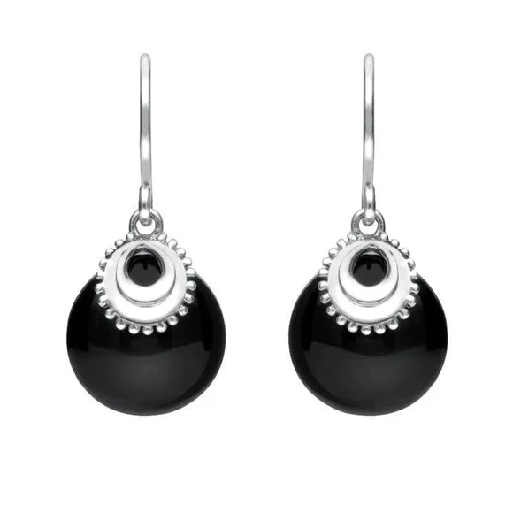 Sterling Silver Whitby Jet Button Cap Drop Earrings E1981