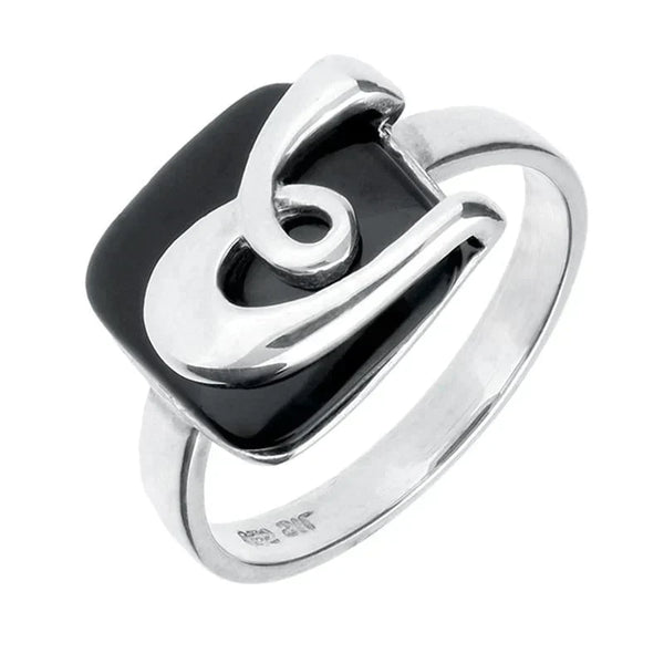 Sterling Silver Whitby Jet Cushion Pattern Ring R877