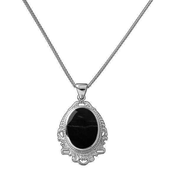 Silver Whitby Jet Edwardian Oval Drop Necklace P090