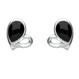 Sterling Silver Whitby Jet Half Filled Heart Stud Earrings. E1902. 