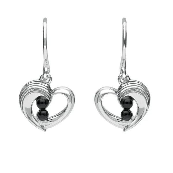 Sterling Silver Whitby Jet Half Ridge Stone Heart Drop Earrings. E1920.