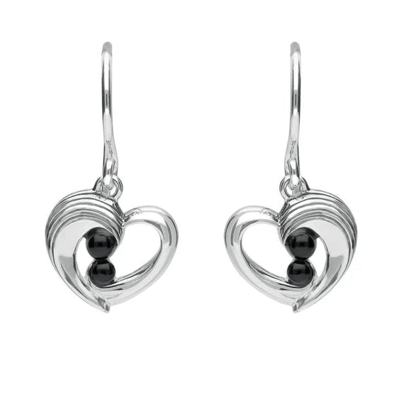 Sterling Silver Whitby Jet Half Ridge Stone Heart Drop Earrings. E1920.