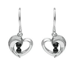 Sterling Silver Whitby Jet Half Ridge Stone Heart Drop Earrings. E1920.