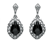 Sterling Silver Whitby Jet Heritage Heavy Carved Pear Earrings. E2176.