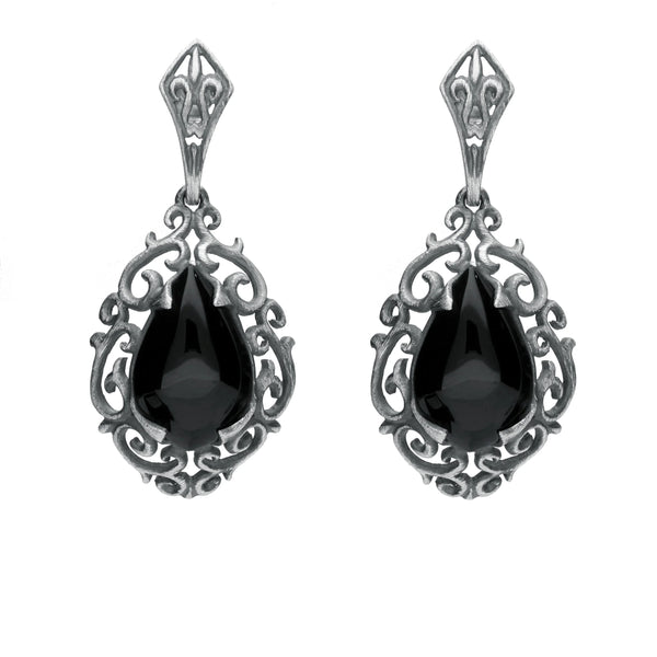 Sterling Silver Whitby Jet Heritage Heavy Carved Pear Earrings. E2176.