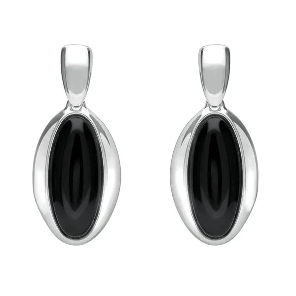 Sterling Silver Whitby Jet Heritage Long Oval Drop Earrings. E2034.