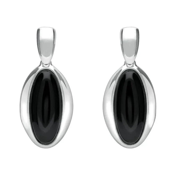 Sterling Silver Whitby Jet Heritage Long Oval Drop Earrings. E2034.
