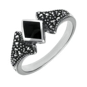 Sterling Silver Whitby Jet Marcasite Diamond Shaped Ring. R457.