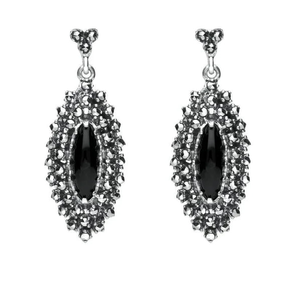 Sterling Silver Whitby Jet Marcasite Double Row Drop Earrings. E1642.