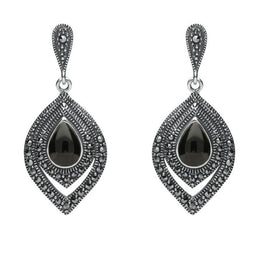 Sterling Silver Whitby Jet Marcasite Fancy Pear Stud Earrings E2238