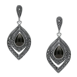 Sterling Silver Whitby Jet Marcasite Fancy Pear Stud Earrings. E2238.