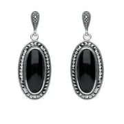 Sterling Silver Whitby Jet Marcasite Framed Drop Earrings E1639