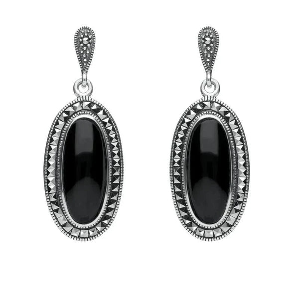 Sterling Silver Whitby Jet Marcasite Framed Drop Earrings E1639