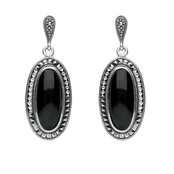 Sterling Silver Whitby Jet Marcasite Framed Drop Earrings E1639
