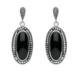 Sterling Silver Whitby Jet Marcasite Framed Drop Earrings E1639