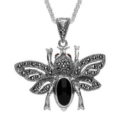 Silver Whitby Jet Marcasite Garnet Bee Pendant Necklace P2136