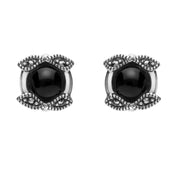 Sterling Silver Whitby Jet Marcasite Leaf Edge Stud Earrings. E1636.