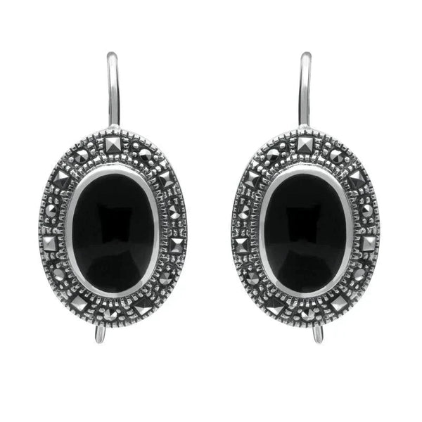 Silver Whitby Jet Marcasite Oval Drop Earrings E1787