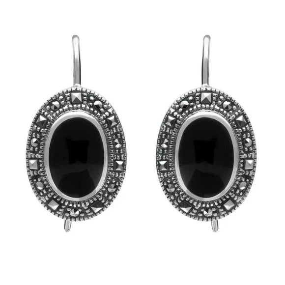 Silver Whitby Jet Marcasite Oval Drop Earrings E1787
