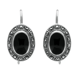 Silver Whitby Jet Marcasite Oval Drop Earrings E1787