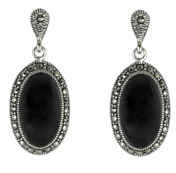 Sterling Silver Whitby Jet Marcasite Oval Star Back Drop Earrings. E1790.