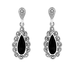 Silver Whitby Jet Marcasite Pear Centre Round Bead Earrings E1643