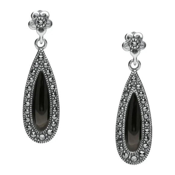 Sterling Silver Whitby Jet Marcasite Pear Drop Stud Earrings. E2236.