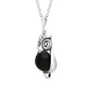 Sterling Silver Whitby Jet Marcasite Small Owl Necklace