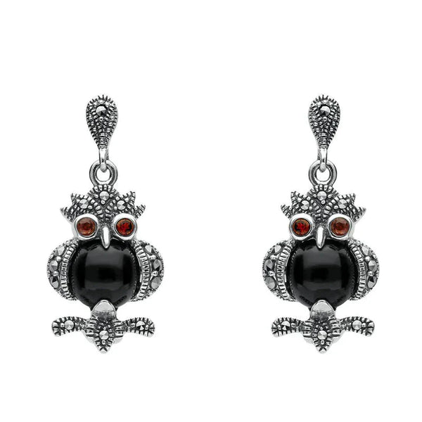 terling Silver Whitby Jet Marcasite and Garnet Owl Drop Earrings. E2237.