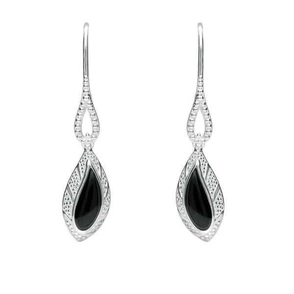 Sterling Silver Whitby Jet Marquise Beaded Edge Earrings. E1616.