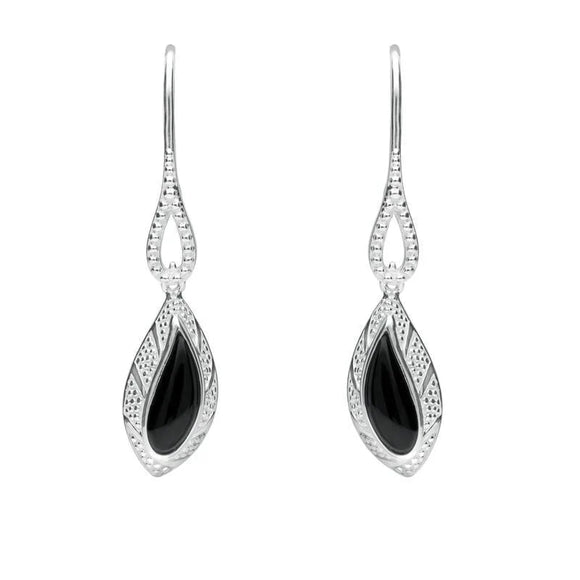 Sterling Silver Whitby Jet Marquise Beaded Edge Earrings. E1616.