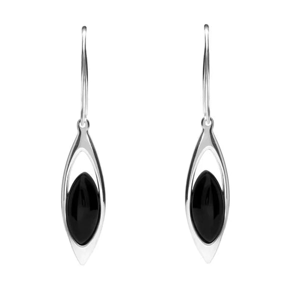 Sterling Silver Whitby Jet Marquise Open Drop Hook Earrings. E2041.