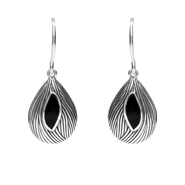Silver Whitby Jet Marquise Shape Wave Wood Effect Earrings E1614