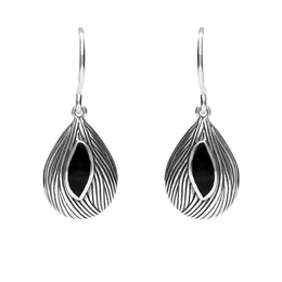 Silver Whitby Jet Marquise Shape Wave Wood Effect Earrings E1614