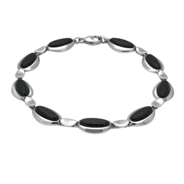 Sterling Silver Whitby Jet Nine Stone Long Oval Bracelet B1082
