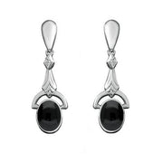Sterling Silver Whitby Jet Oval Art Deco Drop Earrings E052
