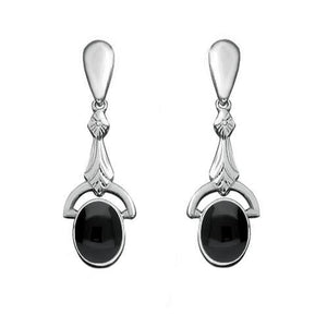 Sterling Silver Whitby Jet Oval Art Deco Drop Earrings E052