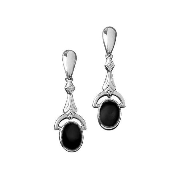 Sterling Silver Whitby Jet Oval Art Deco Drop Earrings. E052.