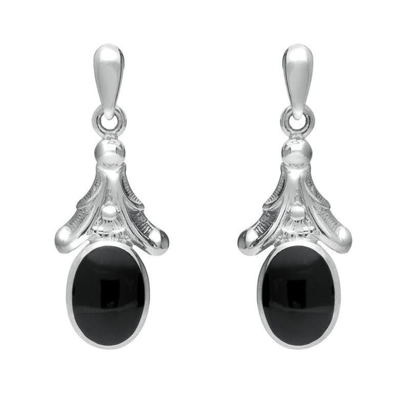 Silver Whitby Jet Oval Leaf Drop Stud Earrings E124