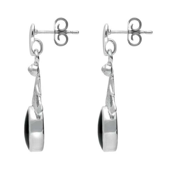 Silver Whitby Jet Oval Leaf Drop Stud Earrings E124