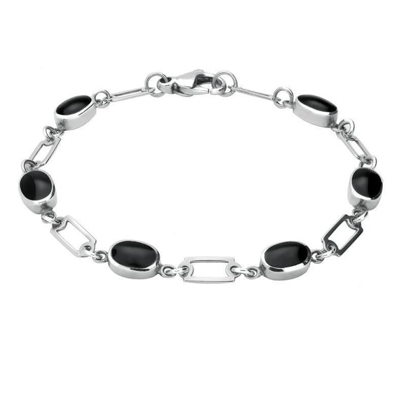 Sterling Silver Whitby Jet Oval Linked Bracelet B026