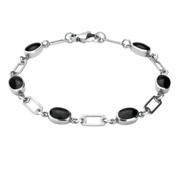 Sterling Silver Whitby Jet Oval Linked Bracelet B026