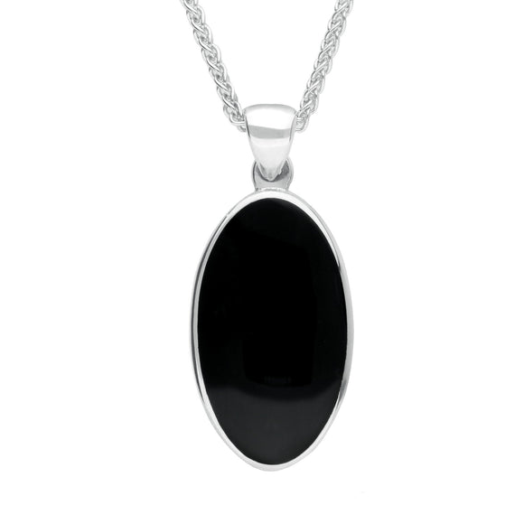 Sterling Silver Whitby Jet Oval Open Back Long Necklace. P026.
