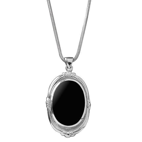 Sterling Silver Whitby Jet Heritage Oval Shape Fleur Necklace. P067.