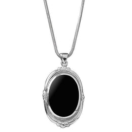Sterling Silver Whitby Jet Heritage Oval Shape Fleur Necklace. P067.