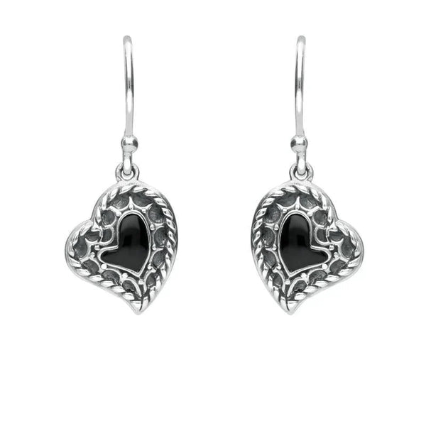 Silver Whitby Jet Oxidised Heart Drop Earrings E1956