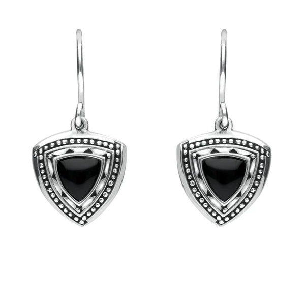 Silver Whitby Jet Oxidised Shield Drop Earrings E1915
