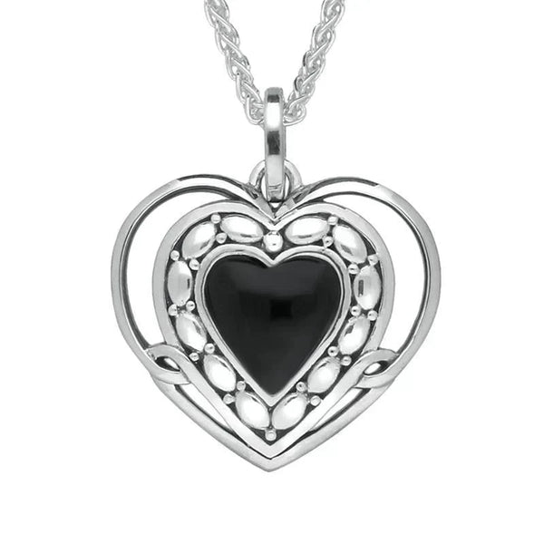 Sterling Silver Whitby Jet Pattern Open Heart Necklace. P2623.