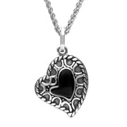 Silver Whitby Jet Patterned Oxidised Heart Pendant Necklace P2602